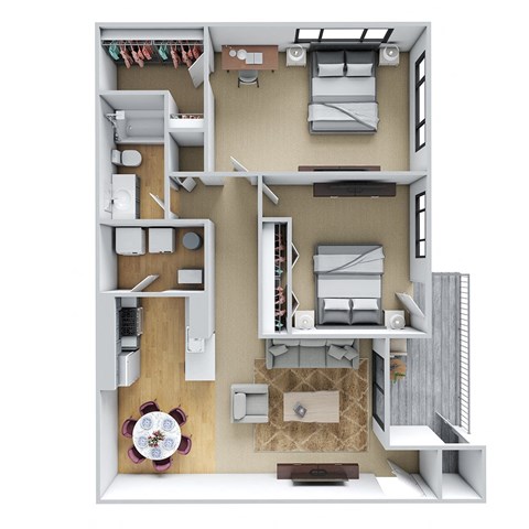 Floor plan for 2 beds, 1 bath, 884 sqft